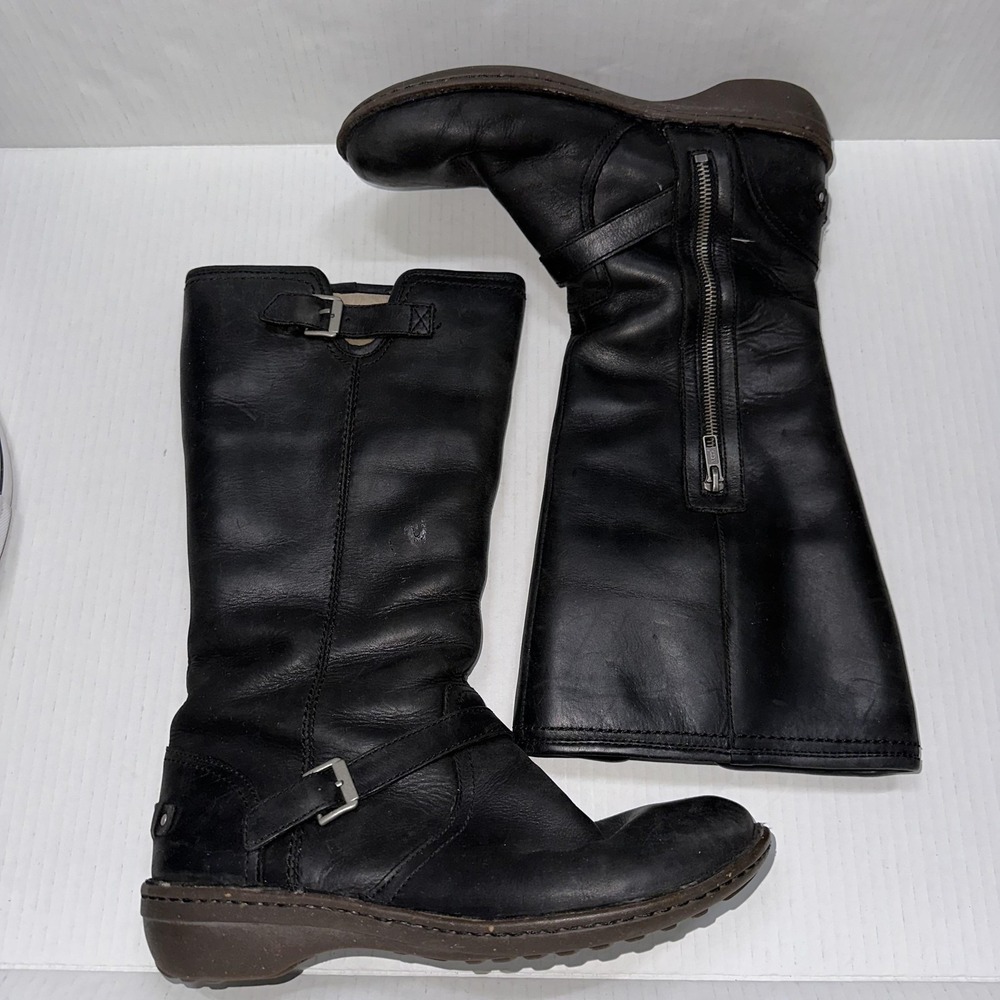 UGG Biker Boots Womens 8 Black Leather Tupelo Mid Calf Zip Buckle Wedge